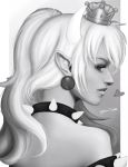  2018 artist_name back bangs bowsette collar crown dress earrings graphite_(medium) greyscale heart horns jewelry kitnami light_smile lips long_ponytail looking_back mario_(series) monochrome new_super_mario_bros._u_deluxe nose pointy_ears profile realistic short_hair sidelocks solo spiked_collar spikes strapless strapless_dress super_crown traditional_media upper_body 