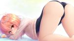  ahoge all_fours ass ass_focus bare_legs barefoot bent_over blush breasts commentary_request eyebrows_visible_through_hair from_side hair_ornament highres i-58_(kantai_collection) kantai_collection long_sleeves looking_at_viewer looking_to_the_side medium_breasts one-piece_swimsuit pink_eyes pink_hair ribbed_sweater school_swimsuit shiny shiny_clothes shiny_skin short_hair simple_background skindentation solo sweater swimsuit swimsuit_under_clothes thighs top-down_bottom-up upshirt wamu_(chartreuse) 