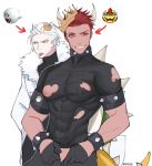  boo bowser crown fur_trim grin kyou_(ningiou) male_focus mario_(series) multiple_boys muscle personification pixel_art red_eyes red_hair sharp_teeth simple_background smile teeth torn_clothes white_background white_hair 