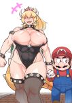  2018 animal_humanoid areola armband big_breasts blonde_hair bowser bowsette_meme breasts bulge choker cleavage clothed clothing collar digital_media_(artwork) duo eyes_closed female grin hair hand_holding happy horn human humanoid koopa legwear leotard light_skin long_hair looking_aside male male/female mammal mario mario_bros muscular nervous nintendo nipple_slip nipples overalls scalie simple_background size_difference skimpy smile spiked_collar spiked_tail spikes super_crown thick_thighs thigh_highs tight_clothing video_games walking white_background 破壊大帝 