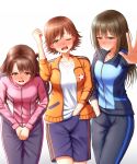  3girls apotea arm_up bangs between_legs black_pants blue_eyes blue_jacket blue_shorts blush breasts brown_eyes brown_hair collarbone embarrassed eyebrows_visible_through_hair female half-closed_eye half-closed_eyes hand_beneath_clothes hand_between_legs hand_in_pocket hands_together have_to_pee highres honda_mio idolmaster idolmaster_cinderella_girls jacket jewelry legs_together long_hair long_sleeves looking_at_viewer matching_hair/eyes medium_breasts multiple_girls necklace nose_blush one_eye_closed open_mouth orange_jacket outstretched_arm pants pink_jacket shibuya_rin shimamura_uzuki shiny shiny_hair shirt short_hair shorts simple_background standing star sweat tears teeth textless tied_hair white_background white_shirt yellow_eyes zipper zipper_pull_tab 