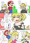  &gt;_&lt; 2girls bare_shoulders black_dress blonde_hair blue_eyes bowsette bracelet chain_chomp collar comic commentary crown dress english engrish facial_hair hat horns jewelry mario mario_(series) multiple_girls mustache new_super_mario_bros._u_deluxe ponytail princess_peach ranguage sesield sharp_teeth spiked_bracelet spiked_collar spikes super_crown teeth 