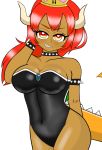  1girl armlet bae_shoulders bangs black_leotard blonde_hair blue_eyes bowsette bracelet breasts chaoschrome cleavage collar crown dark_skin eyebrows_visible_through_hair gem horns jewelry large_breast leotard long_hair looking_at_viewer mario_(series) new_super_mario_bros._u_deluxe nintendo smug solo spiked_bracelet spiked_collar spikes strapless strapless_leotard super_crown super_mario_bros. tail tan thighs turtle_shell 