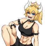  1girl armlet background blonde_hair blue_eyes bowsette bracelet breasts bros. choker cleavage collarbone dragon horns jewelry mario_(series) new_super_mario_bros._u_deluxe nintendo sharp simple solo spiked spikes super-mario_ super_crown teeth white 