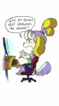  ! ? animal_crossing anthro barefoot bluelightenterprises breasts canine clothed clothing complaining computer dialogue dog english_text female floppy_ears fully_clothed fur humor isabelle_(animal_crossing) mammal nintendo open_mouth question shih_tzu shirt side_boob simple_background sitting skirt solo text video_games white_background 