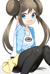  :d black_legwear blue_eyes bow breasts brown_hair collarbone double_bun long_hair looking_at_viewer medium_breasts mei_(pokemon) open_mouth pantyhose pink_bow pokemon pokemon_(game) pokemon_bw2 raglan_sleeves shiny shiny_clothes shiny_hair shirt shorts simple_background sitting smile solo twintails white_background yellow_shorts yuihiko 