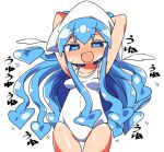  :d arms_up bangs bare_shoulders blue_eyes blue_hair blush breasts casual_one-piece_swimsuit collarbone eyebrows_visible_through_hair hair_between_eyes hat heart heart-shaped_pupils ikamusume kanikama long_hair looking_at_viewer nose_blush one-piece_swimsuit open_mouth shinryaku!_ikamusume simple_background small_breasts smile solo squid_hat sweat swimsuit symbol-shaped_pupils tentacle_hair translation_request very_long_hair white_background white_swimsuit 