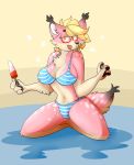  anthro beach bikini breasts cat clothing covering dessert eyewear feline female food glasses ice_cream lionshrooms lynx mammal midriff nipple_bulge seaside solo swimsuit 