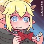  1koma absurdres bangs big_eyes black_dress blonde_hair blue_eyes bow bowsette collar comic commentary dress earrings fang gimme2000 hair_between_eyes highres holding horns jewelry mario_(series) meitantei_conan new_super_mario_bros._u_deluxe pointy_ears red_bow sad spiked_collar spiked_tail spikes tail teardrop tearing_up wavy_mouth white_pupils 
