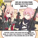  ? ar-15 artist_name assault_rifle blush closed_eyes commentary english girls_frontline gun long_hair m4_carbine m4_sopmod_ii m4_sopmod_ii_(girls_frontline) magazine_(weapon) magpul mechanical_arm meme multicolored_hair multiple_girls parody pink_hair pixiv_id red_eyes rifle ro635_(dinergate) scope snafu st_ar-15_(girls_frontline) streaked_hair weapon 