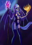  anthro blue_eyes breasts clothing equine fafecalus female food fruit fur hair halloween holidays legwear leotard levitating magic_user mammal membranous_wings moon multicolored_hair pegasus pumpkin purple_fur solo staff stockings suggestive tight_clothing wings witch 