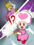  crown dress eyelashes headwear_removed heart heart_print lilirulu lipstick makeup mario_(series) pink_lipstick princess_peach super_crown toad transformation 