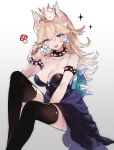  bare_shoulders black_dress black_legwear blonde_hair blue_eyes bowsette bracelet breasts claw_pose cleavage collar collarbone commentary_request crown dress earrings gradient gradient_background hair_between_eyes horns jewelry large_breasts long_hair looking_at_viewer mario_(series) mushroom nail_polish natsuiro_xx new_super_mario_bros._u_deluxe ponytail sharp_teeth shell sitting smile solo sparkle spiked_armlet spiked_bracelet spiked_collar spikes strapless strapless_dress super_crown teeth thighhighs 