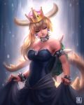  absurdres artist_name bare_shoulders black_dress blonde_hair bowsette bracelet breasts brooch cleavage closed_eyes collar commentary crown dress earrings english_commentary facing_viewer highres horns jewelry large_breasts long_hair mario_(series) new_super_mario_bros._u_deluxe parted_lips ponytail reagan_long solo spiked_armlet spiked_bracelet spiked_collar spiked_shell spiked_tail spikes strapless strapless_dress super_crown tail turtle_shell 