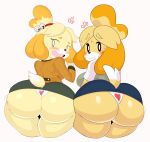 &lt;3 animal_crossing anthro big_butt black_nose blonde_hair blush blush_stickers breasts butt canine clothing dipstick_tail dog dot_eyes dual_persona eyebrows_visible_through_hair female fur hair heart_pattern hi_res isabelle_(animal_crossing) looking_at_viewer looking_back mammal multicolored_tail nervous nintendo open_mouth panties purple_yoshi_draws raised_skirt rear_view shih_tzu shirt simple_background skirt sssonic2 sweat tied_hair underwear video_games wavy_mouth white_background white_panties wide_hips yellow_fur 