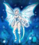  1girl armor blue-eyes_alternative_white_dragon blue-eyes_white_dragon blue_eyes breasts coloured_background commission costume crossover dragon_cheeks dragon_tail dragon_wings duel_monster key_hole long_hair looking_at_viewer rwby standing tail weiss_schnee white_clothes white_hair wings yu-gi-oh! yuu-gi-ou yuu-gi-ou_duel_monsters 