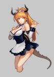  aako absurdres alternate_costume apron blonde_hair blue_eyes bow bowsette bowtie breasts cleavage collar cropped_legs crown earrings enmaided frills grey_background highres horns jewelry long_hair looking_to_the_side maid mario_(series) miniskirt new_super_mario_bros._u_deluxe parted_lips pointy_ears ponytail shiny shiny_clothes simple_background skirt solo spiked_collar spiked_tail spikes super_crown tail waist_apron 