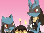  2018 absurd_res ambiguous_gender anthro apron birthday_cake blue_fur cake candle canine clothing digital_media_(artwork) duo feral fire food fur gradient_background hi_res lucario mammal nintendo open_mouth open_smile pok&eacute;mon pok&eacute;mon_(species) red_eyes riolu signature simple_background smile tongue video_games winick-lim 