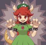  bowser_peach claws collar commentary_request crown dress earrings fangs green_dress hoop_earrings horns jewelry mario_(series) mebuita pointy_ears possessed princess_peach prototype puffy_short_sleeves puffy_sleeves red_eyes red_hair scales short_sleeves solo spiked_collar spiked_tail spikes super_mario_odyssey tail 
