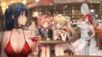  ahoge alcohol amazon_(azur_lane) animal_ears atago_(azur_lane) azur_lane bangs bare_legs bare_shoulders black_dress black_gloves black_hair blonde_hair blue_eyes blush bonet bow breasts bridal_gauntlets choker cleavage closed_eyes closed_mouth cocktail_dress cup dress drinking drinking_glass earrings eyebrows_visible_through_hair fang gloves gorgeous_mushroom hair_between_eyes hair_flaps hair_ornament hair_ribbon halter_top halterneck hat hat_bow headband jewelry jpeg_artifacts large_breasts long_hair looking_at_viewer low_ponytail maid_headdress monarch_(azur_lane) multiple_girls official_art open_mouth pink_hair ponytail red_choker red_dress red_eyes red_hair ribbon sidelocks sitting smile star star_earrings sun_hat taihou_(azur_lane) takao_(azur_lane) thighhighs thighlet twintails u-81_(azur_lane) white_bow white_dress white_legwear wine wine_glass yellow_eyes 