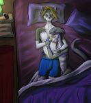  2018 adrian_halcyon anthro bed bedroom canine carbon_fibre_optik clothing convenient_censorship couple_(disambiguation) cuddling digital_media_(artwork) dog duo eyes_closed glowing hair happy husky lying male mammal mustelid neon nude on_back on_side otter ottersgonnaott phone short_hair siberian_husky sleeping underwear 