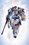  blue_eyes commentary damaged english_commentary gun gundam gundam_wing justin_currie_(chasingartwork) mecha mohawk no_humans rifle shield solo tallgeese weapon zoom_layer 