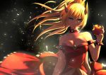  alternate_color apple armlet bare_shoulders bitten_apple black_background blonde_hair blue_eyes bowsette bracelet breasts cleavage closed_mouth collar collarbone commentary_request cosmicsnic crown dress food fruit highres horns jewelry looking_at_viewer mario_(series) medium_breasts new_super_mario_bros._u_deluxe ponytail red_dress short_hair solo spiked_armlet spiked_bracelet spiked_collar spikes super_crown 