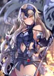  armor armored_dress bangs bare_shoulders blue_dress blush breasts chain commentary_request detached_sleeves dress eyebrows_visible_through_hair fate/grand_order fate_(series) fur-trimmed_sleeves fur_trim gauntlets hair_between_eyes headpiece highres jeanne_d'arc_(alter)_(fate) jeanne_d'arc_(fate)_(all) jpeg_artifacts light_brown_hair long_hair long_sleeves medium_breasts navel navel_cutout parted_lips smile solo sword twitter_username very_long_hair weapon xephonia yellow_eyes 