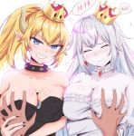  1boy 2girls areola_slip areolae artist_name bare_shoulders black_dress black_nails blonde_hair blue_eyes blush boo bowsette breast_grab breast_press breasts cleavage closed_mouth collar collarbone crown dark_skin dress earrings elbow_gloves evil_grin evil_smile eyebrows_visible_through_hair eyes_closed eyes_visible_through_hair fingernails flying_sweatdrops frilled_dress frills gem ghost ghost_girl gloves grabbing grin guided_breast_grab hair_between_eyes head_tilt hetero highres horns interracial interspecies jewelry large_breasts long_hair looking_at_viewer mario_(series) medium_hair monster_girl multiple_girls nail_polish neck necklace new_super_mario_bros._u_deluxe nintendo no_bra pale_skin pointy_ears ponytail princess_king_boo ruby_(stone) sapphire_(stone) sharp_fingernails sharp_teeth shiny shiny_hair side-by-side signature simple_background slit_pupils smile spiked_collar spikes spoken_blush standing strapless strapless_dress super_crown sweatdrop syyn_(syyndev) tears teeth tsurime upper_body wavy_mouth white_background white_dress white_gloves white_hair 