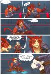  2018 amber_eyes charr clothed clothing comic detailed_background digital_media_(artwork) duo english_text feline guild_wars holding_object holding_weapon keilink mammal melee_weapon sword text video_games weapon 