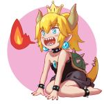  2018 barefoot black_nails blonde_hair blue_eyes blush bowser bowsette_meme bracelet clothed clothing collar colored_nails crossgender dress ear_piercing eyebrows eyebrows_visible_through_hair female fire fire_breathing hair horn humanoid jewelry kneeling koopa kyomayavidya mario_bros nintendo open_mouth piercing pointy_ears ponytail scalie sharp_teeth shell solo spiked_anklet spiked_bracelet spiked_collar spikes super_crown teeth thick_eyebrows video_games young 