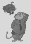  2018 anthro badge barefoot belt benjamin_clawhauser bovine buffalo cape_buffalo cheetah chief_bogo clothed clothing disney duo feline grey_background greyscale horn male mammal monochrome monoflax necktie police_uniform salute simple_background standing uniform utility_belt whiskers zootopia 