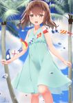  absurdres alternate_costume bare_shoulders blue_dress brown_eyes brown_hair cloud day dress flat_chest headband highres jiangjin_nanyun_zhi_(kumita) kantai_collection outdoors palm_tree short_hair sky sleeveless sleeveless_dress solo standing string_of_flags sundress taihou_(kantai_collection) tree water_drop 