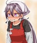  ahoge akebono_(kantai_collection) alternate_hairstyle angry apron blush bunny bunny_pin casual clenched_teeth commentary_request hair_between_eyes hair_ornament hairclip kantai_collection kerchief long_hair long_sleeves nose_blush orange_background ponytail purple_eyes purple_hair shino_(ponjiyuusu) shirt solo sweatdrop t-shirt teeth translation_request trembling upper_body 