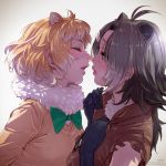  american_beaver_(kemono_friends) animal_ears beaver_ears black-tailed_prairie_dog_(kemono_friends) bow bowtie brown_hair closed_eyes commentary_request elbow_gloves extra_ears fur_collar gloves grey_hair hair_ornament hairclip hands_on_own_chest imminent_kiss kemono_friends light_brown_hair long_sleeves multicolored_hair multiple_girls prairie_dog_ears profile short_hair sweater takami_masahiro upper_body vest white_hair yuri 