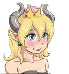  2018 absurd_res alcor90 blonde_hair bowser bowsette_meme bust_portrait clothing crossgender eyelashes female hair hi_res horn horned_humanoid humanoid mario_bros nintendo not_furry pointy_ears portrait simple_background solo super_crown video_games white_background 