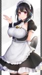  absurdres alternate_costume apron arm_behind_back ascot black_border black_dress black_hair blush border breasts dress enmaided highres kantai_collection large_breasts looking_at_viewer maid maid_apron maid_headdress outside_border red_eyes short_hair short_sleeves simple_background smile solo standing takao_(kantai_collection) thighhighs tray two-tone_background upper_body yunamaro 