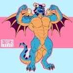  anthro blue_eyes blue_hair dragon eltravis facial_hair facial_piercing flexing gavin_(spyro) hair horn male muscular mustache nose_piercing nose_ring piercing scalie smile solo spyro_reignited_trology spyro_the_dragon tattoo vein video_games western_dragon wings 