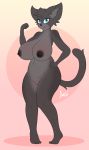  2018 anthro barefoot belly big_breasts big_ears blue_eyes breasts dark_nipples doxxyl feline female fur grey_fur hand_on_hip huge_breasts looking_at_viewer mammal navel nipples nude pink_background pussy simple_background slightly_chubby smile solo voluptuous 