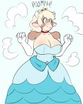  anthro big_breasts blush breasts cleavage clothed clothing collar digital_media_(artwork) doodle_dip dress female fur hair momo_(doodle_dip) princess royalty simple_background solo super_crown text transformation 
