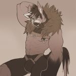  2018 abs anthro bulge clothing digital_media_(artwork) emule_(artist) equine fur hair horse looking_at_viewer male mammal muscular mzstallion_(character) nipples rubber simple_background solo spandex tight_clothing 