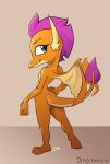  2018 anthro blue_eyes breasts butt countershade_torso countershading dragon female friendship_is_magic full-length_portrait hand_on_hip horn looking_back my_little_pony nude orange_scales portrait pussy_juice pussy_juice_string qrog rear_view scales scalie simple_background small_breasts smile smolder_(mlp) solo standing western_dragon wings 