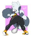 2018 anthro argento balls bodysuit butt clothed clothing condom cum cum_in_clothing digital_media_(artwork) filled_condom hi_res humanoid_penis lemur looking_at_viewer looking_back male mammal open_mouth penis primate purple_eyes skinsuit solo sonic_(series) tangle_the_lemur tight_clothing 