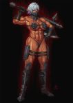  1girl abs axe breasts dark_skin ero-chong facemask female large_breasts muscle muscular original purple_eyes scars silver_hair solo weapon 