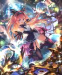  ahoge animal_ears artist_request audience blue_eyes cat_ears cat_tail cygames disco_ball dress eyebrows_visible_through_hair fake_animal_ears gloves hairband idol kneeling lishenna_omen_of_destruction long_hair looking_at_viewer microphone music official_art reaching_out red_hair ribbon shadowverse singing skirt tail thighhighs twintails 