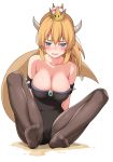  armlet bare_shoulders black_leotard blonde_hair blue_eyes blush bowsette breasts brown_legwear cleavage collarbone crown highres horns large_breasts leotard looking_down maanii mario_(series) new_super_mario_bros._u_deluxe no_shoes open_mouth pantyhose peeing peeing_self ponytail short_hair simple_background sitting solo spiked_armlet super_crown tail tears wavy_mouth white_background 
