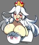  bangs blush boo breast_rest breasts breasts_on_head cleavage commentary cropped_legs crown curvy d-ryuu dress dual_persona earrings embarrassed english_commentary eyeshadow ghost gloves grey_background grey_eyeshadow hands_on_own_face huge_breasts jewelry long_hair looking_at_viewer luigi's_mansion makeup mario_(series) new_super_mario_bros._u_deluxe open_mouth parted_bangs plump princess princess_king_boo red_eyes shiny shiny_skin simple_background smile super_crown super_mario_bros. tongue tongue_out twitter_username very_long_hair white_hair 