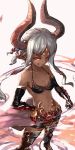  breasts commentary_request dark_skin draph elbow_gloves gauntlets genderswap genderswap_(mtf) ghandagoza gloves granblue_fantasy highres horns kumonji_aruto navel pointy_ears red_eyes shorts small_breasts thighhighs 