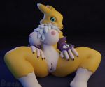  2018 3d_(artwork) anthro areola bacn big_breasts blue_eyes breasts canine claws clothed clothing digimon digimon_(species) digital_media_(artwork) female fur looking_at_viewer mammal mostly_nude nipples presenting pussy renamon sitting solo spread_legs spreading thick_thighs topless tuft white_fur 