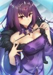  bangs breasts cleavage commentary_request dress eyebrows_visible_through_hair fate/grand_order fate_(series) fur_trim hair_between_eyes jewelry large_breasts long_hair looking_at_viewer p!nta purple_dress purple_hair red_eyes scathach_(fate)_(all) scathach_skadi_(fate/grand_order) smile solo tiara wand 